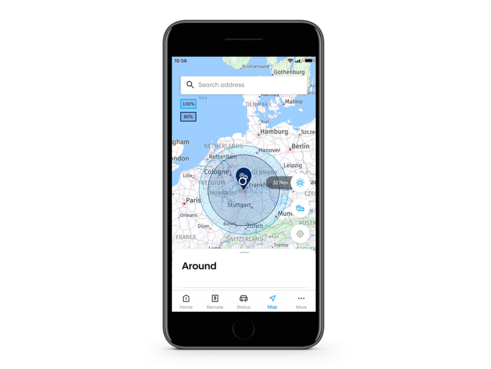 Close-up of the Hyundai Bluelink app with the Distance to Empty feature on the screen.